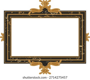 Baroque frame with elaborate scroll border and distressed texture, blank space centered. Symbol of luxury, vintage elegance, and premium label framing. Cartoon vector illustration.