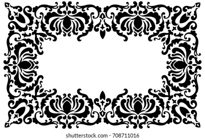 Baroque frame with silhouette floral elements. Vintage rectangular composition. Black and white ornament with text place.