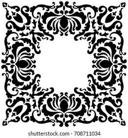 Baroque frame with silhouette floral elements. Vintage squared composition. Black and white ornament with text place.
