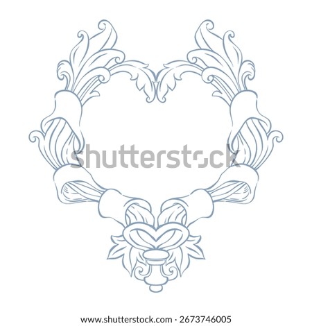 Baroque frame, or wedding crest. Heart shape vintage crest with acanthus decor. Victorian frame for wedding invitation, card, cover, banner, save the date, monogram frame. Hand drawn antique crest.
