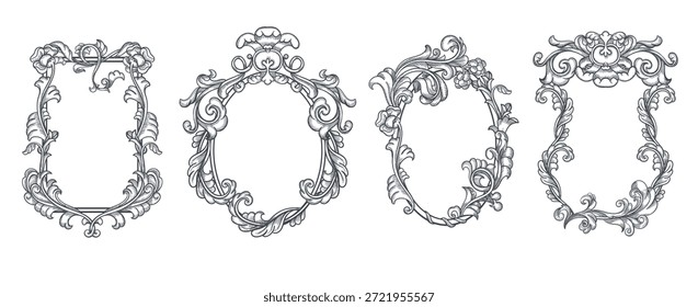 Marcos barrocos. Contorno de bordes gráficos grabados, diferentes Formas, elegantes Elementos rococó vintage, adornos decorativos, formas monocromáticas vacías con hojas y flores espléndido conjunto aislado de Vector