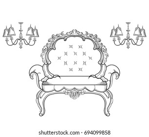 Baroque furniture rich armchair. Handmade ornamented decor. Vector illustration