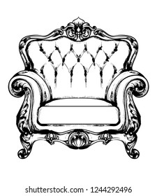 Baroque furniture rich armchair. Royal style decotations. Victorian ornaments engraved. Imperial furniture decor. Vector illustrations line arts