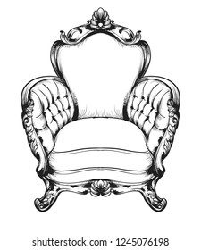 Baroque furniture rich armchair. Royal style decotations. Victorian ornaments engraved. Imperial furniture decor. Vector illustrations line arts