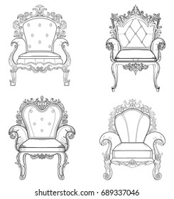 Baroque furniture rich armchair set. Handmade ornamented decor. Vector illustrations