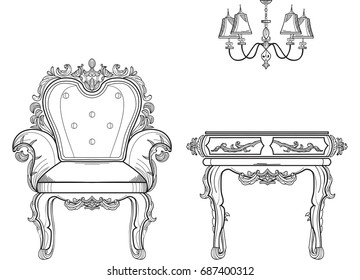 Baroque furniture rich set collection. Ornamented background Vector illustration