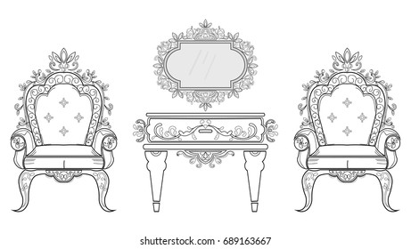 Baroque furniture rich set collection. Ornamented background Vector illustrations