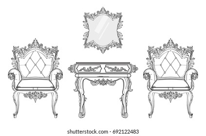 Baroque furniture rich set collection. Ornamented background Vector illustrations