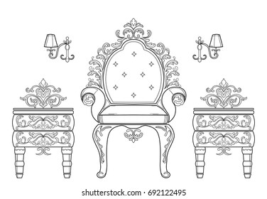 Baroque furniture rich set collection. Ornamented background Vector illustrations