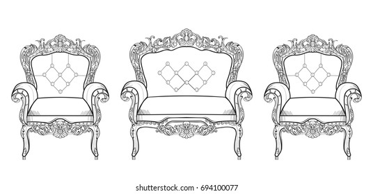 Baroque furniture rich set collection. Ornamented decor Vector illustrations