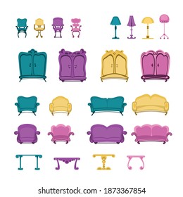 Baroque furniture set in bright colors. vector