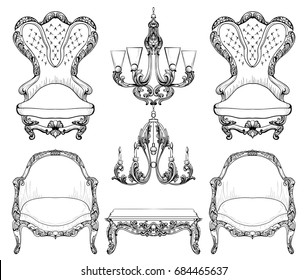 Baroque furniture set with luxurious ornaments. Vector French Luxury rich intricate structure. Victorian Royal Style decors
