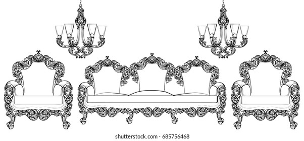 Baroque furniture set with luxurious ornaments. Vector French Luxury rich intricate structure. Victorian Royal Style decor