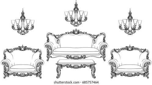 Baroque furniture set with luxurious ornaments. Vector French Luxury rich intricate structure. Victorian Royal Style decor