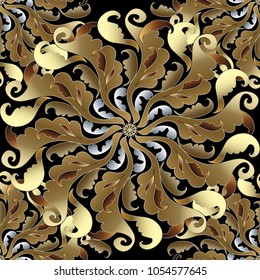 Baroque gold 3d mandala seamless pattern. Vector floral vintage background. Hand drawn scroll golden leaves. Antique baroque style ornaments. Surface texture. Luxury design for fabric, wallpapers