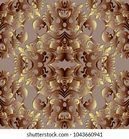 Baroque gold 3d seamless pattern. Floral vector background wallpaper with vintage damask flowers, scroll leaves, antique ornaments in baroque style. Surface design for wall papers, fabric, textile