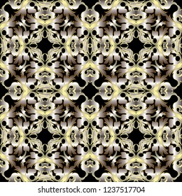 Baroque gold 3d vector seamless pattern. Ornamental surface floral background. Vintage antique style flowers, leaves, scrolls. Textured old ornament. Repeat elegance patterned backdrop. 3d wallpaper.