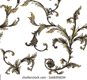 Baroque gold classic pattern with floral branch  and leaves  on white background