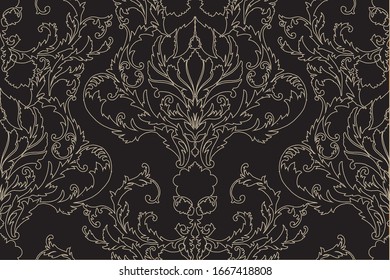 Baroque gold classic pattern with outline of damask and swirls and scrolls  on black background