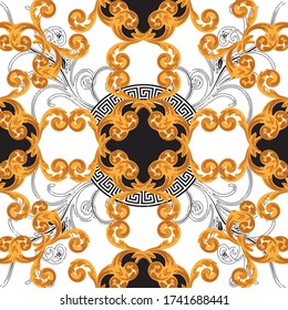 Baroque gold color with greek design flowers leaves seamless pattern design white background