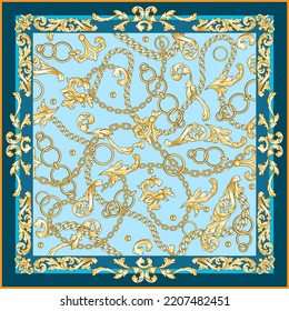 Baroque gold decor and chains on blue seamless background for fabric. Trendy repeating print for headscarf. Square pattern