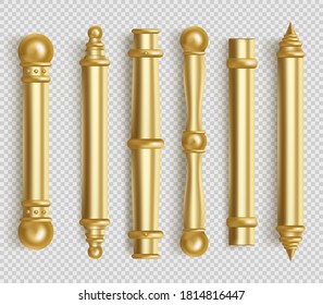 Baroque gold door handles for room interior in office or home. Vector realistic set of vintage golden long door pull knobs. Bar shape handles with balls isolated on white background