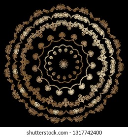 Baroque gold embroidery mandala pattern. Vector ornate tapestry floral round lace ornament. Grunge stitching texture. Embroidered flowers, leaves, scrolls. Vintage decorative luxury textured design