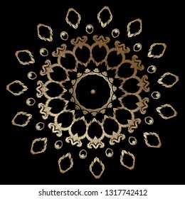 Baroque gold embroidery mandala pattern. Vector ornate tapestry floral round lace ornament. Grunge stitching texture. Embroidered flowers, leaves, scrolls. Vintage decorative luxury textured design