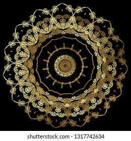 Baroque gold embroidery mandala pattern. Vector ornate tapestry floral round ornament. Grunge texture. Embroidered flowers, leaves, scrolls. Vintage decorative luxury textured design. Stitching effect
