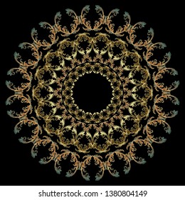 Baroque gold embroidery round mandala pattern. Luxury ornamental textured ornament. Vintage tapestry baroque Victorian style flowers, scroll leaves. Grunge embroidered design. Black ornate background