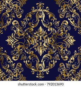 Baroque gold seamless pattern. Blue vector floral background with antique textured gold baroque flowers, scroll leaves, patterned damask ornaments. Floral surface design for wallpapers, prints
