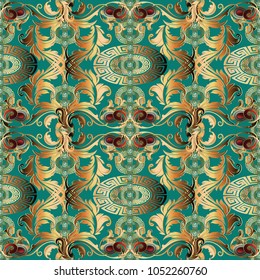 Baroque gold seamless pattern. Vector floral vintage background. Turquoise 3d wallpaper with antique baroque flowers, scroll leaves, circles, meander, greek key ornaments.  Surface design with shadow