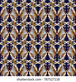 Baroque gold silver seamless pattern. Damask vector background with paisley flowers, scroll swirl leaves, antique decorative ornaments. Elegant design for wallpaper, fabric, textile, prints