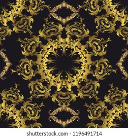 Baroque gold vector seamless mandala pattern. Ornamental vintage ornate background. Decorative golden Damask  flowers, leaves. Baroque Victorian style round golden mandalas, frames. Endless texture