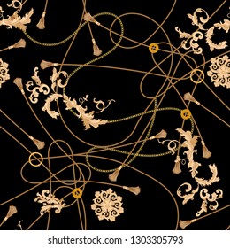 Baroque golden chains, ropes and leaves. Vector seamless pattern for scarfs.