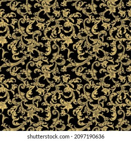 Baroque golden elements ornamental seamless pattern. Watercolor hand drawn gold texture on black background. Watercolour vintage design print for fabric, textile, wallpaper, wrapping paper, packaging.