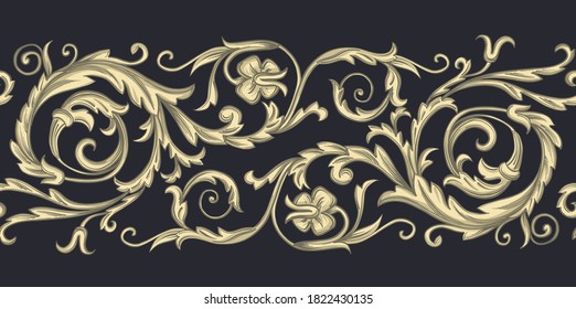 Baroque golden elements. Swirls for design. Vintage print on a black background. Vector seamless border. 