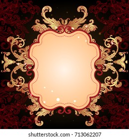 Baroque golden pattern over dark brown background, fancy  and glamorous elements, vector illustration. Luxury concept. Fabric design, wrapping paper, textile. Chic frame, border