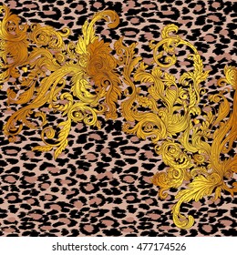 Baroque golden pattern over leopard or cheetah skin background, fancy animal fur and glamorous elements, vector illustration. Luxury concept. Fabric design, wrapping paper, textile. Chic frame, border