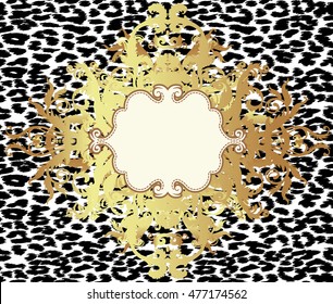 Baroque golden pattern over leopard or cheetah skin background, fancy animal fur and glamorous elements, vector illustration. Luxury concept. Fabric design, wrapping paper, textile. Chic frame, border