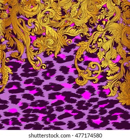 Baroque golden pattern over leopard or cheetah skin background, fancy animal fur and glamorous elements, vector illustration. Luxury concept. Fabric design, wrapping paper, textile. Chic frame, border