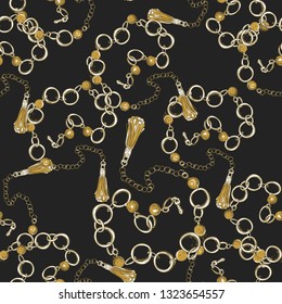 Baroque golden seamless pattern with chain belt. Fabric gold ornament for fashion scarf or shawl design. Hand drawn illustration on black background.