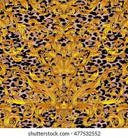 Baroque golden seamless pattern over leopard or cheetah skin titled background, fancy animal fur and glamorous elements, vector illustration. Luxury concept. Fabric design, wrapping paper, textile.