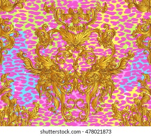 Baroque golden seamless pattern over leopard or cheetah skin titled background, fancy animal fur and glamorous elements, vector illustration. Luxury concept. Fabric design, wrapping paper, textile.