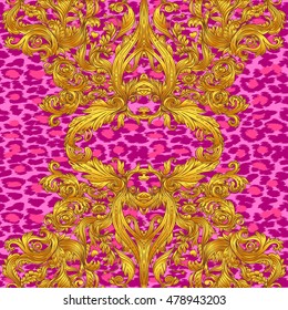 Baroque golden seamless pattern over leopard or cheetah skin titled background, fancy animal fur and glamorous elements, vector illustration. Luxury concept. Fabric design, wrapping paper, textile.