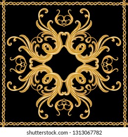  Baroque hand drawn vector pattern with  golden ribbons and chains, floral baroque elements. Vintage patch for scarfs, print, fabric, embroidery. Isolated on black background