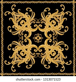  Motif vectoriel dessiné à la main baroque avec des rubans et des chaînes dorés, éléments baroques floraux. Correctif vintage pour écharpes, imprimés, tissus, broderies. Isolé sur fond noir
