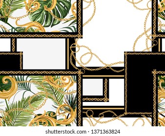 Baroque hand drawn vector pattern with golden ribbons and chains, floral baroque elements, tropical leaves. Vintage patch for scarfs, print, fabric, embroidery. Isolated on black background