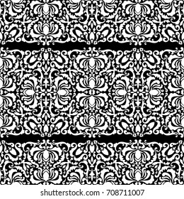 Baroque horizon seamless pattern with silhouette floral elements. Vintage wallpaper. Black and white striped ornament, textile print.