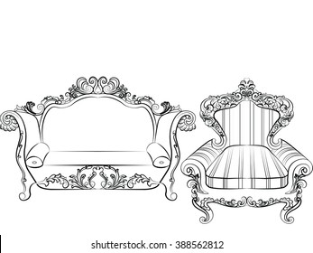 Baroque Imperial luxury style furniture. Elegant couch set with luxurious rich ornaments. Vector sketch